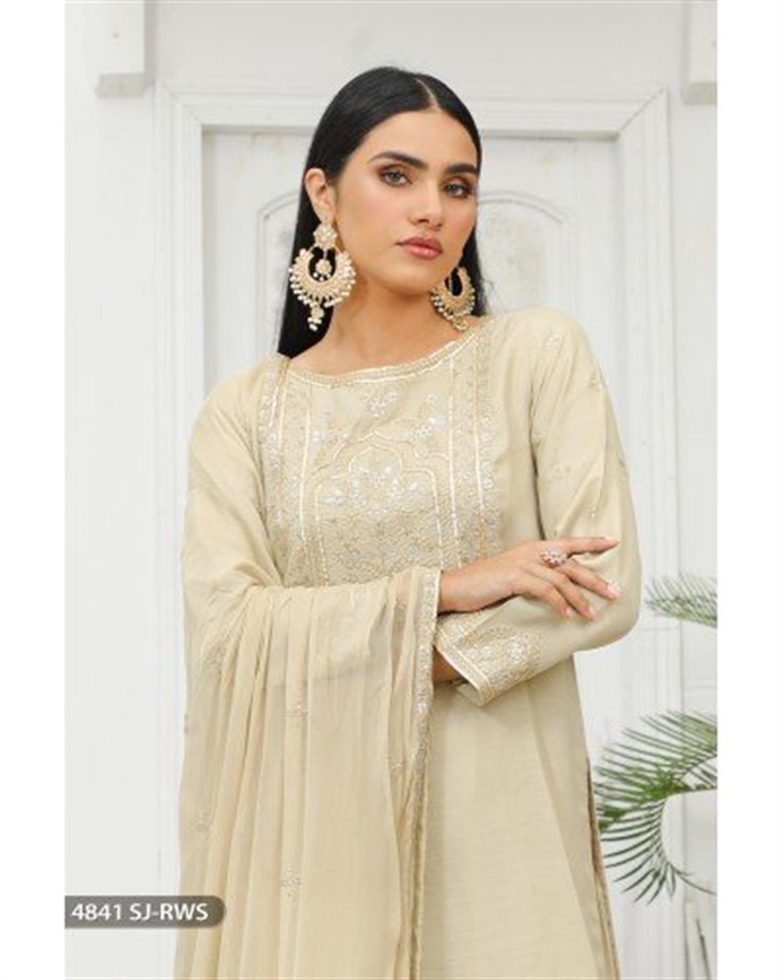Skin Embroidered Raw Silk Ladies Readymade