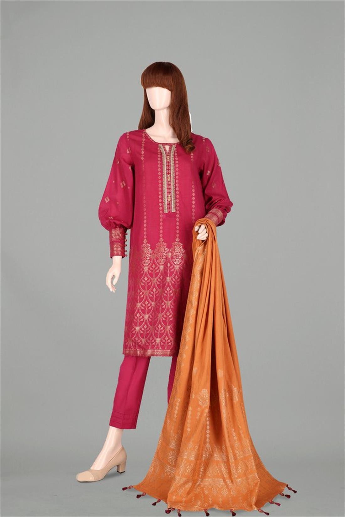 Magenta Pink & Rust Jacquard Pink/Rust 3 Piece Lawn Readymade Salwar Suit