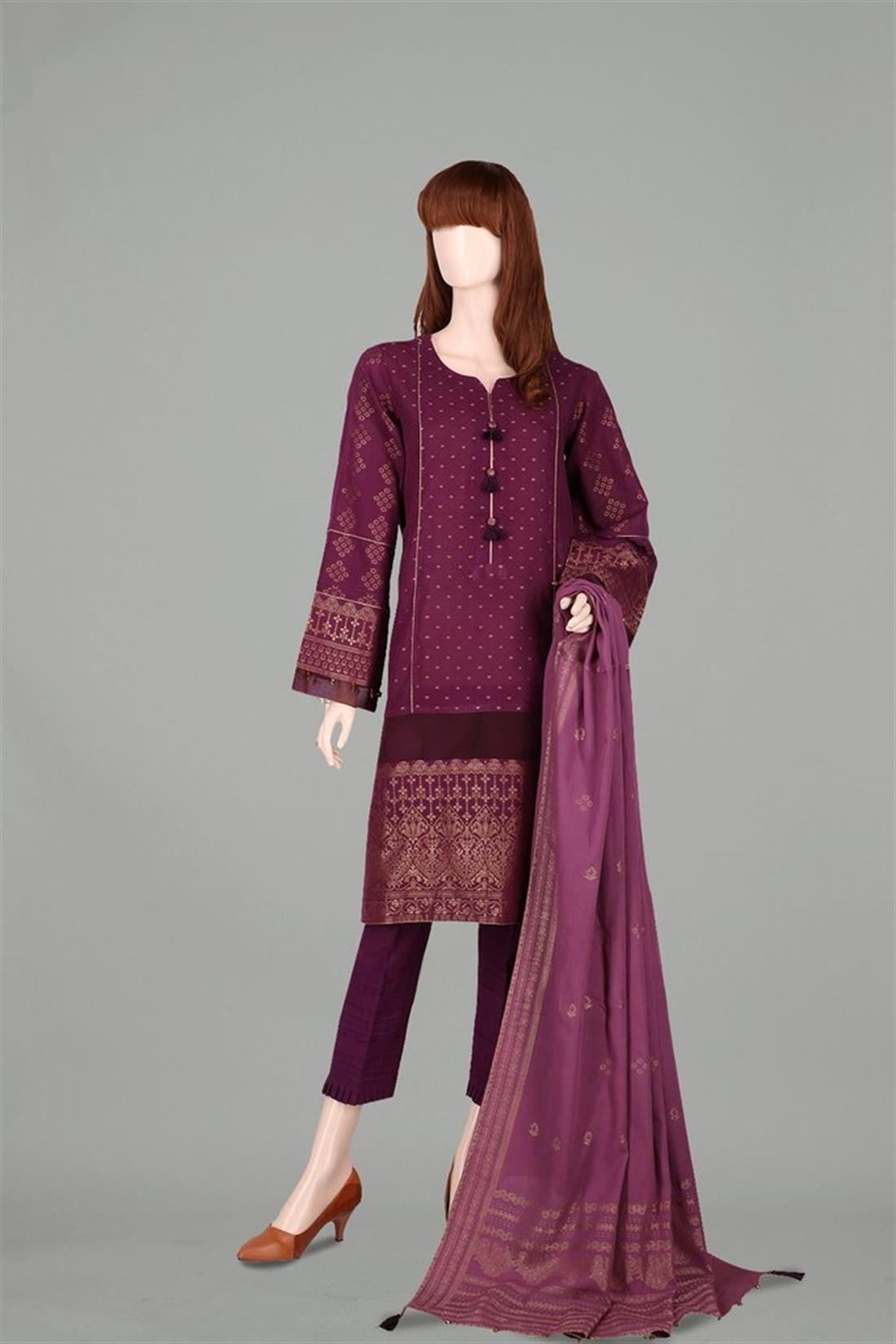Plum 3 Piece Jacquard Lawn Ladies Readymade Salwar Suit