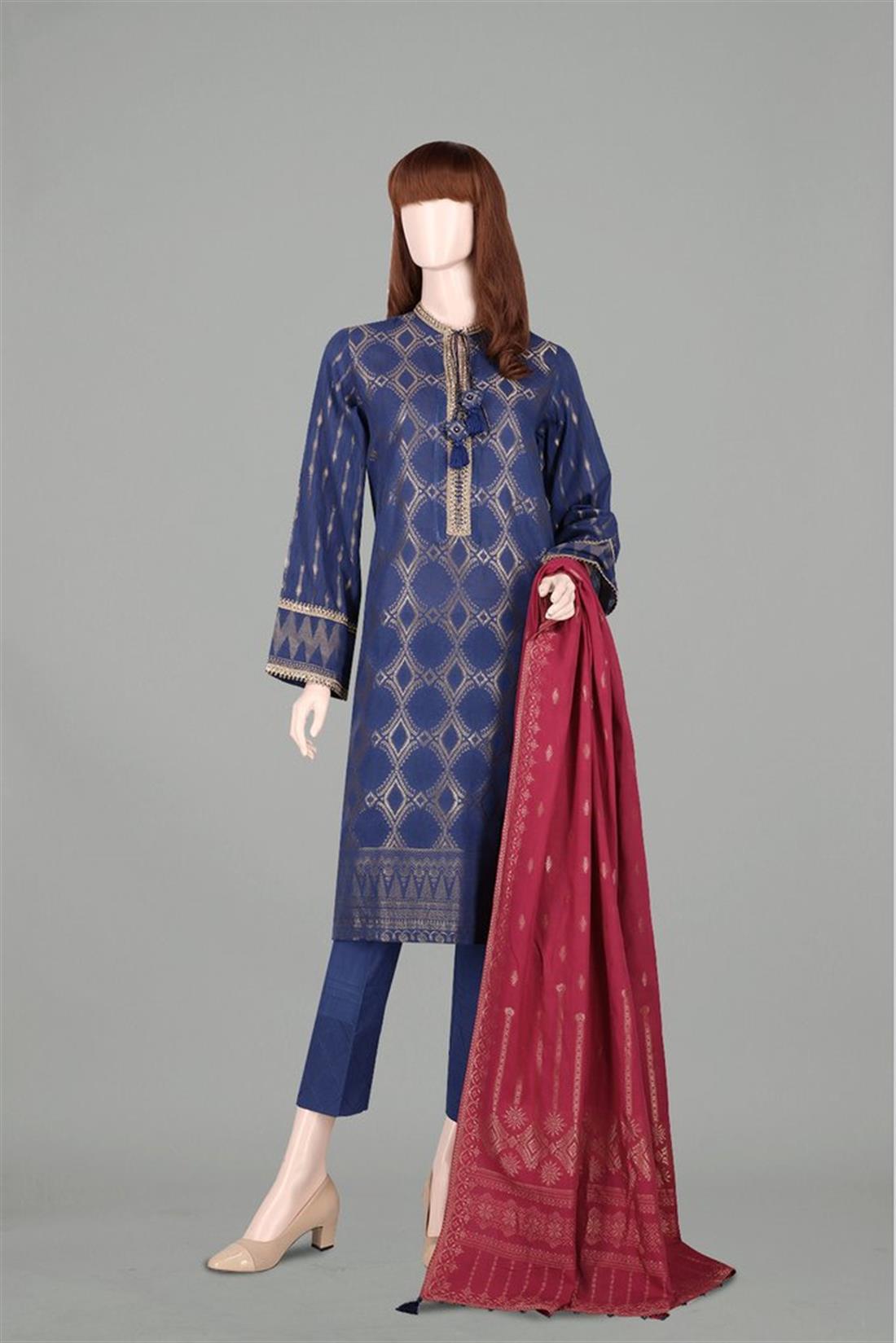 Navy Blue & Magenta Jacquard Lawn 3 Piece Ladies Readymade Salwar Suit