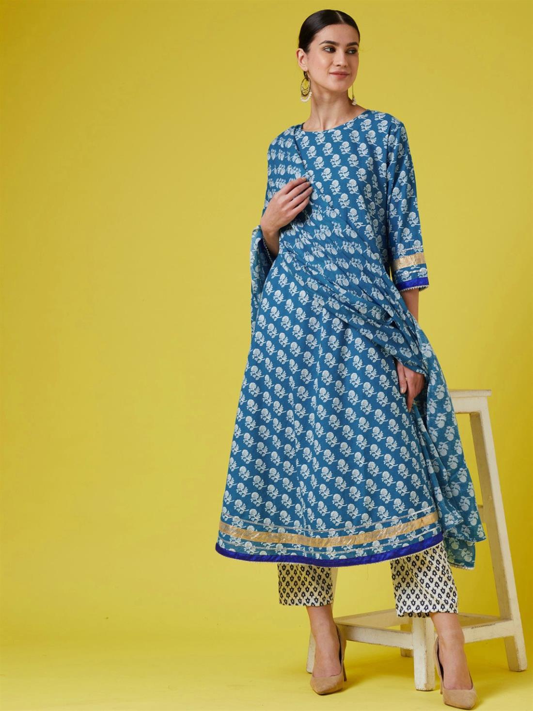 Blue Cotton Anarkali Ladies Readymade