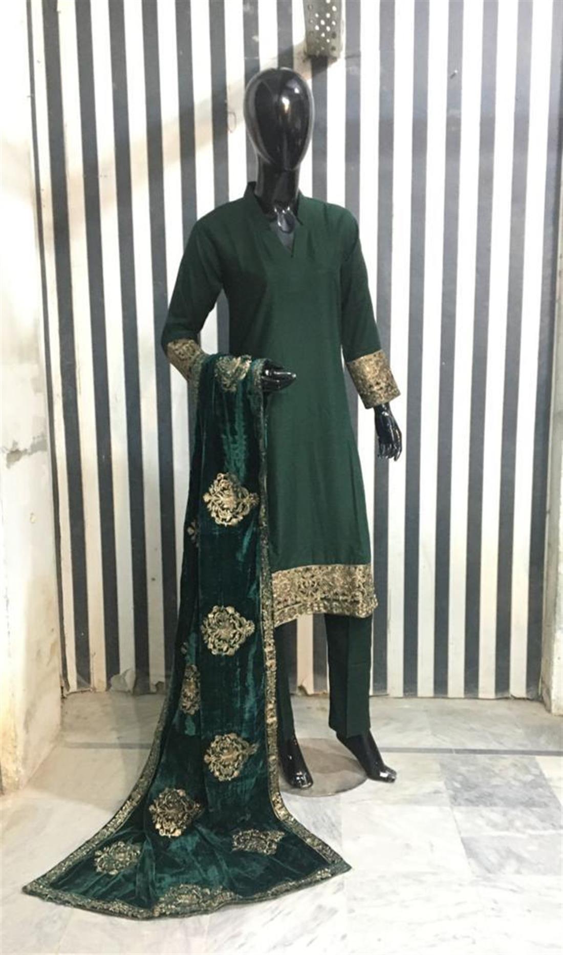 Bottle Green Velvet Readymade Embroidered Salwar Suit