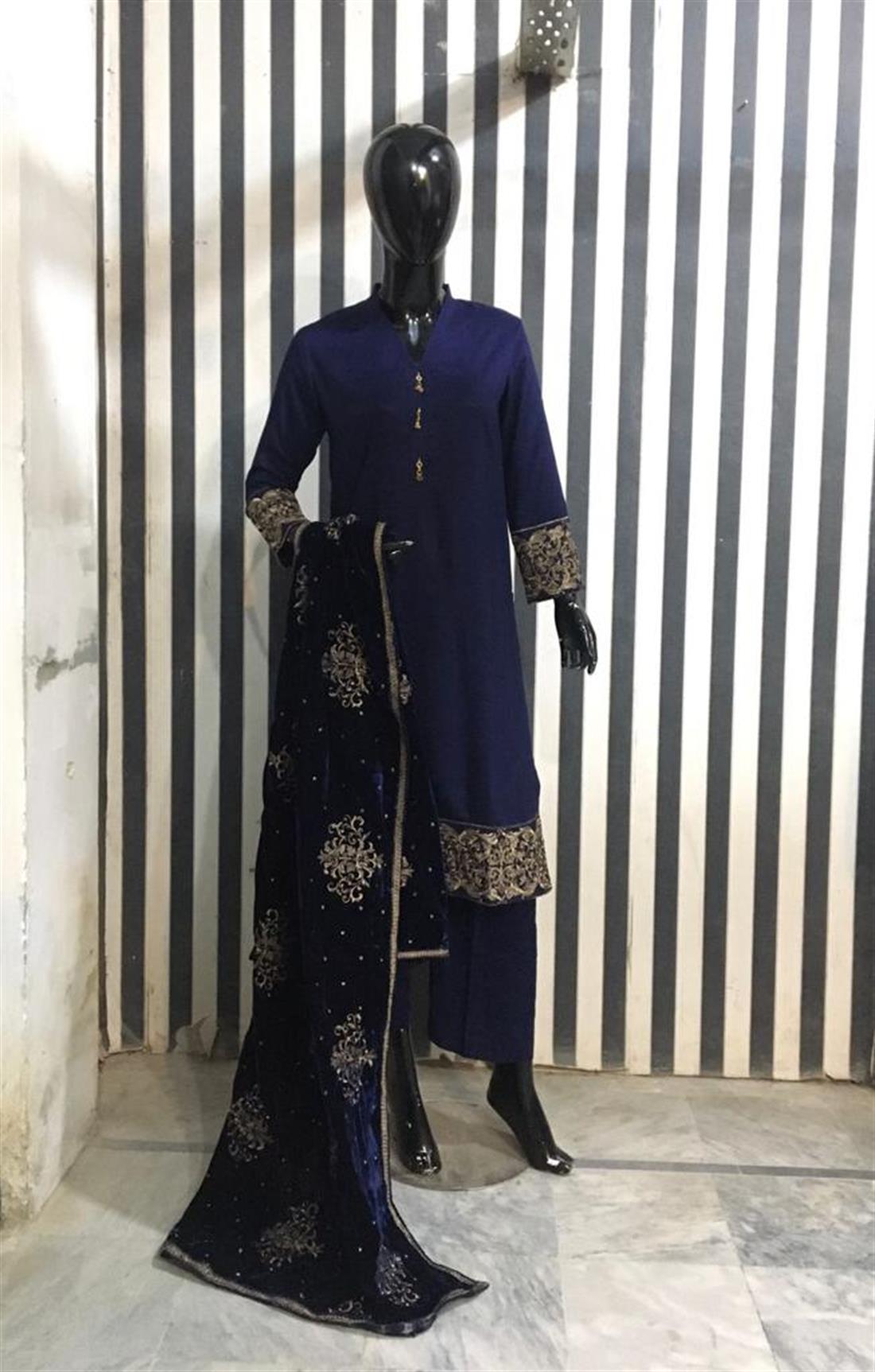 Navy Blue Velvet 3 Piece Readymade Embroidered Salwar Suit