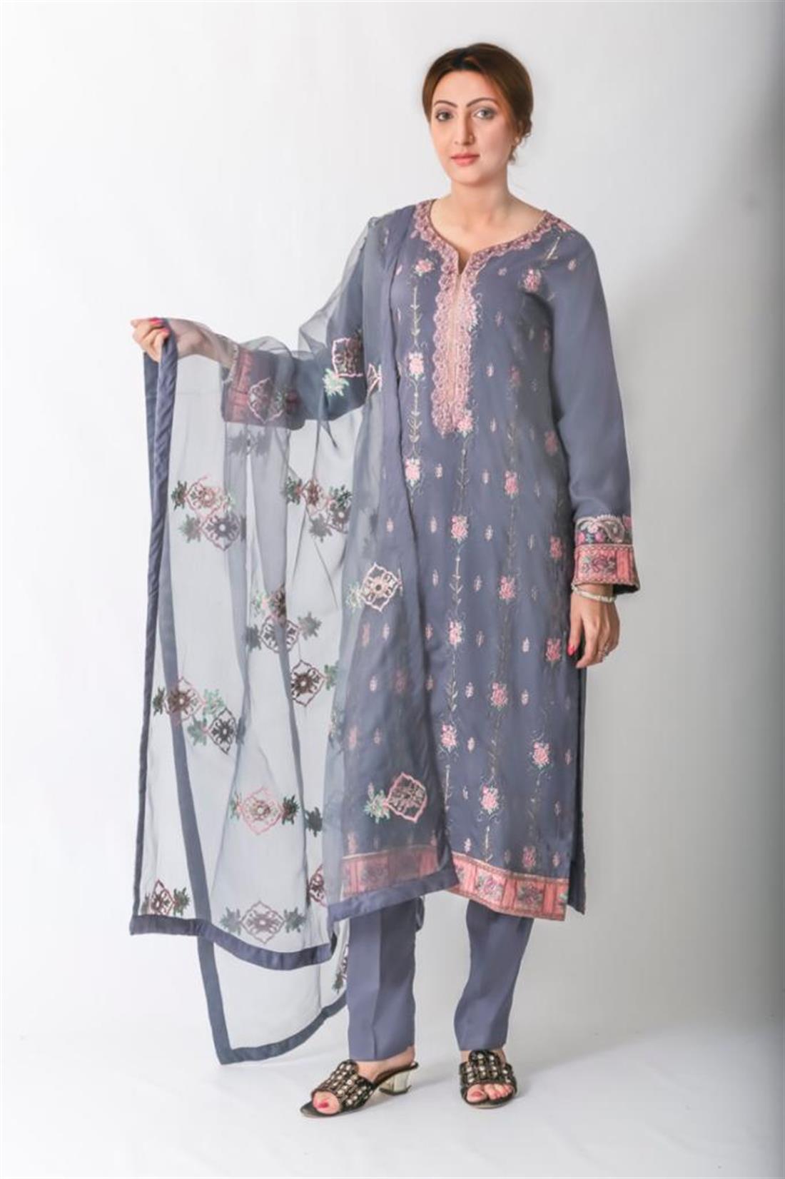 Dark Grey Embroidered Linen Salwar Kameez with Organza Dupatta
