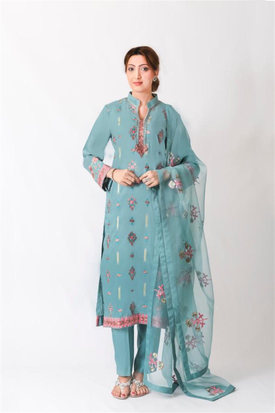 Aqua Embroidered 3 Piece Linen Salwar Kameez with Organza Dupatta