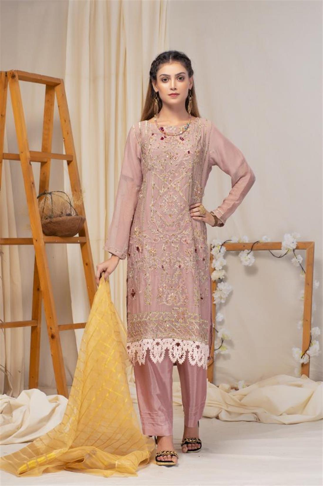 Dusty Pink Embroidered Chiffon Kameez with Dupatta