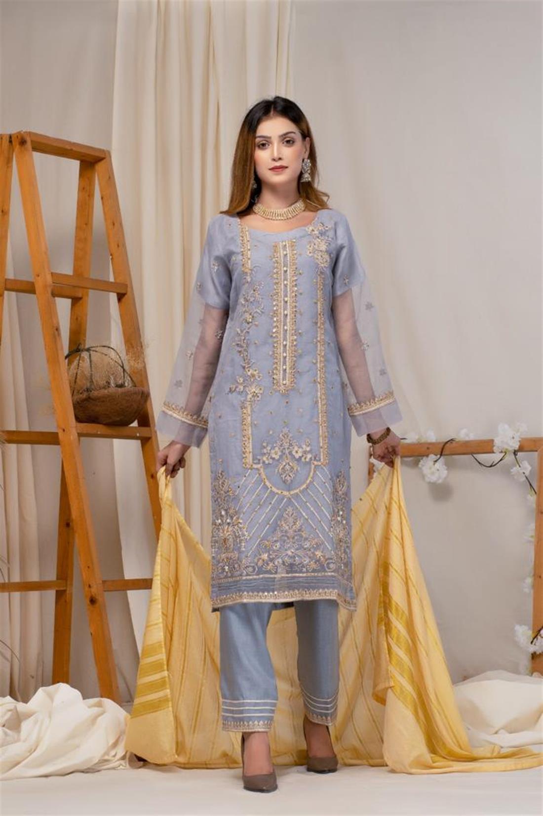 Grey 3 Piece Embroidered Organza Shirt with Masoori Dupatta
