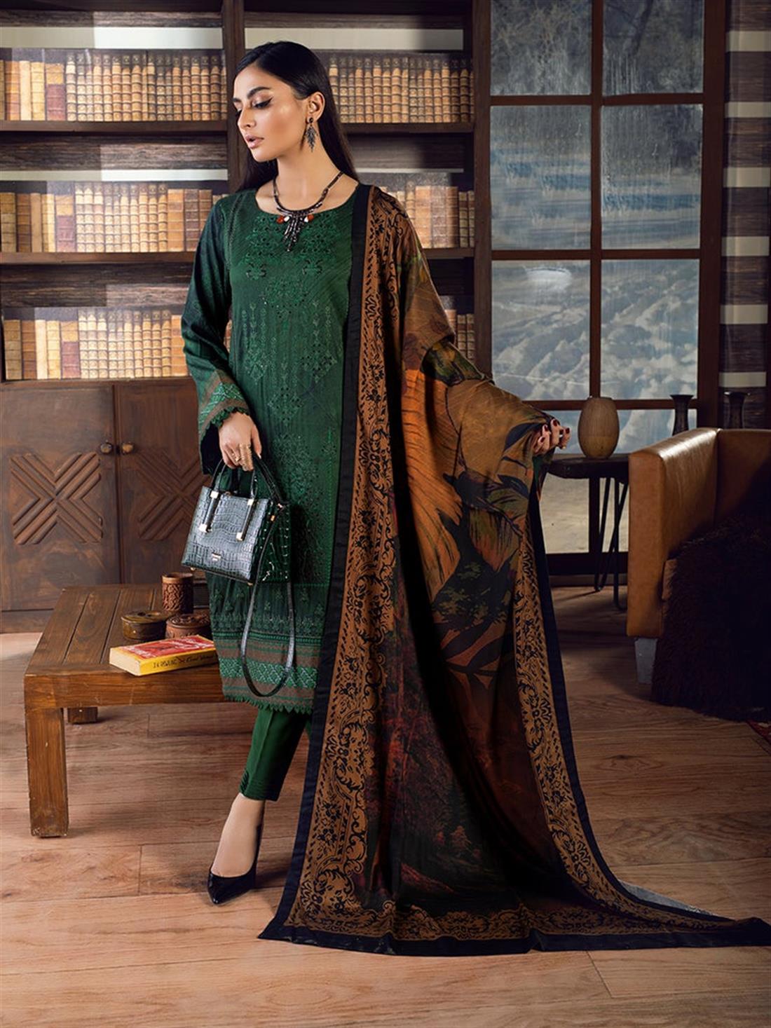 Green Embroidered Linen Ladies Readymade