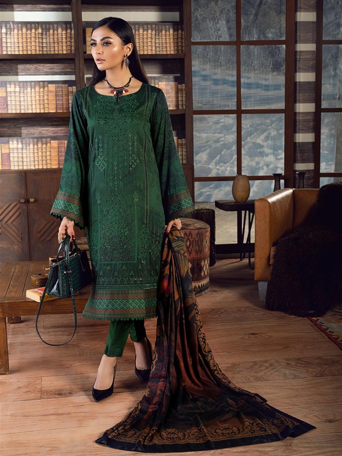 Green Embroidered Linen Ladies Readymade