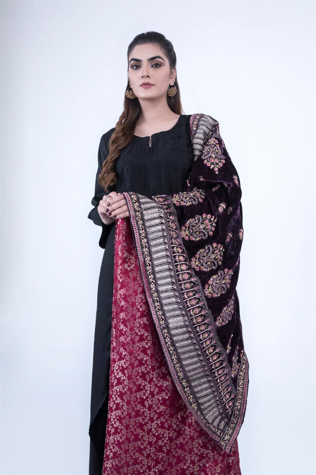Plum Stone Work Banarasi Shawls and Scarves