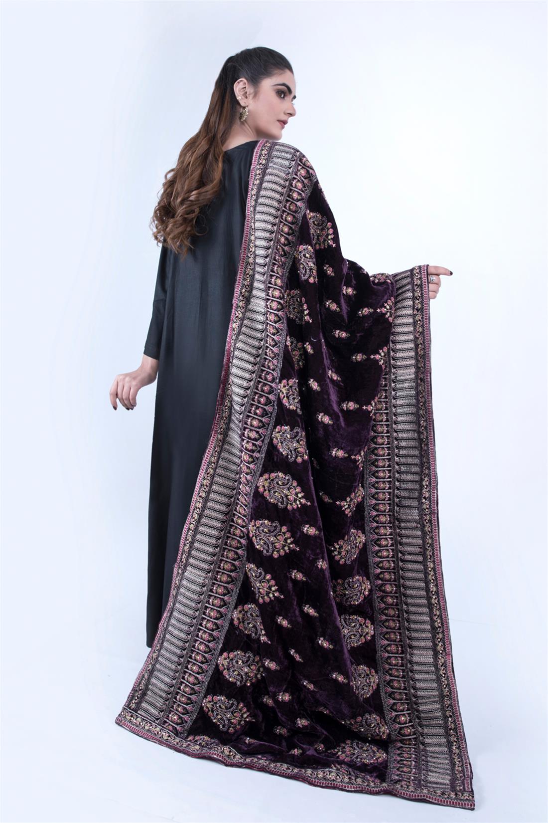 Plum Stone Work Banarasi Shawls and Scarves