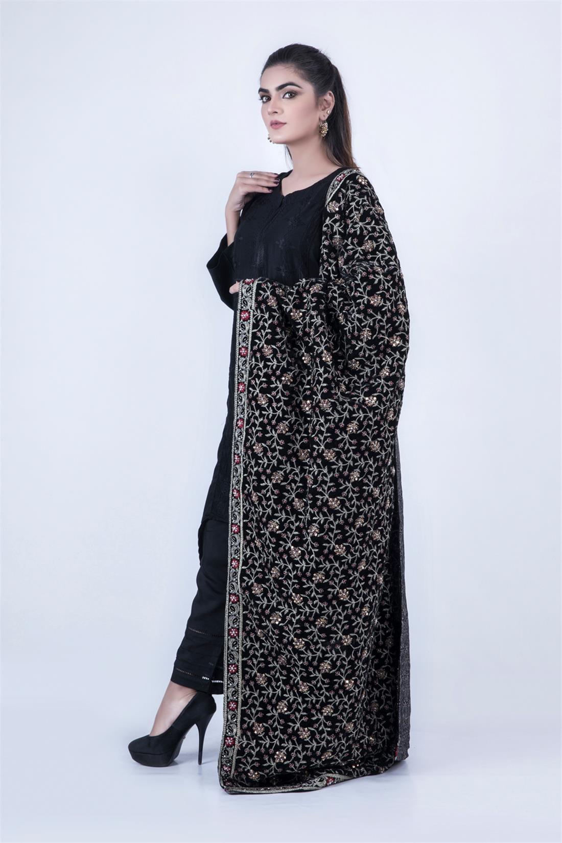 Black Embroidered Velvet Shawls and Scarves