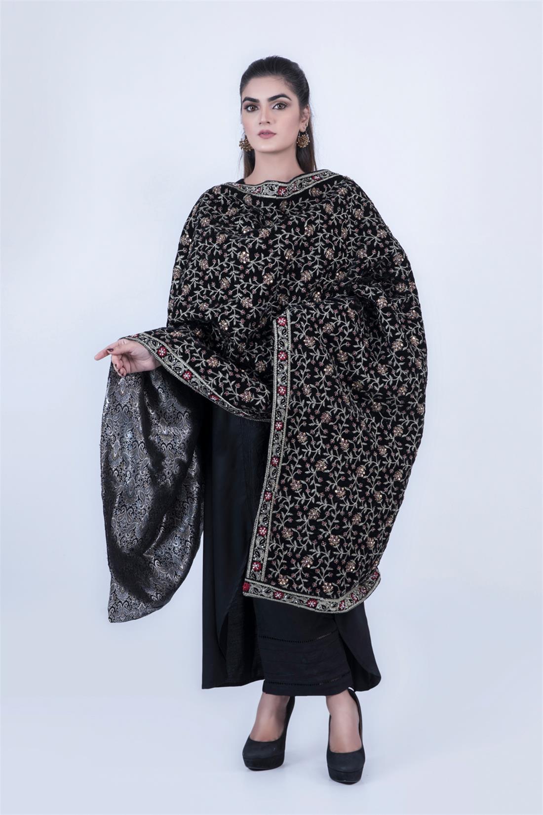Black Embroidered Velvet Shawls and Scarves