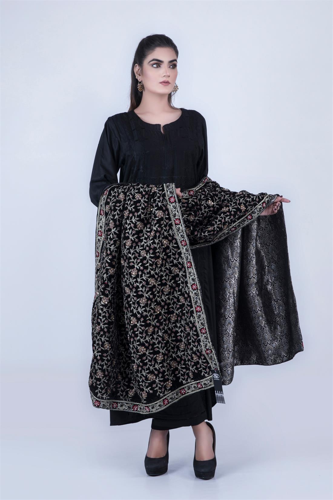 Black Embroidered Velvet Shawls and Scarves