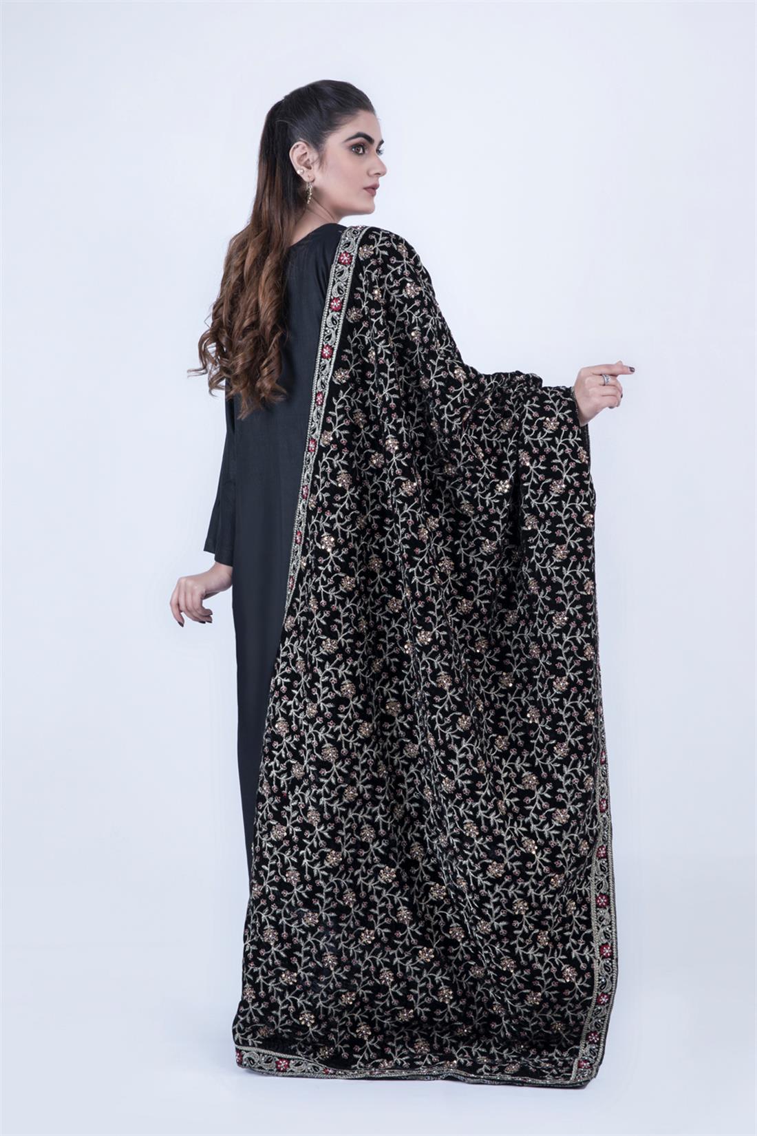 Black Embroidered Velvet Shawls and Scarves