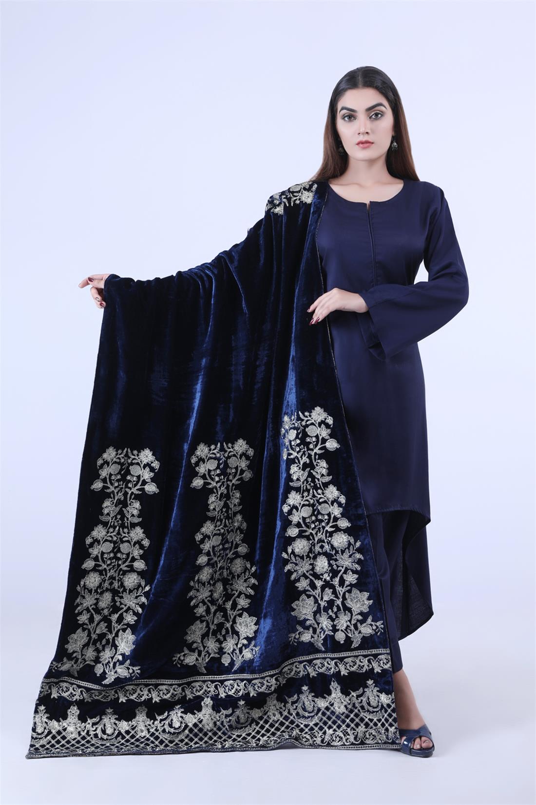 Navy Blue Embroidered Velvet Shawls and Scarves