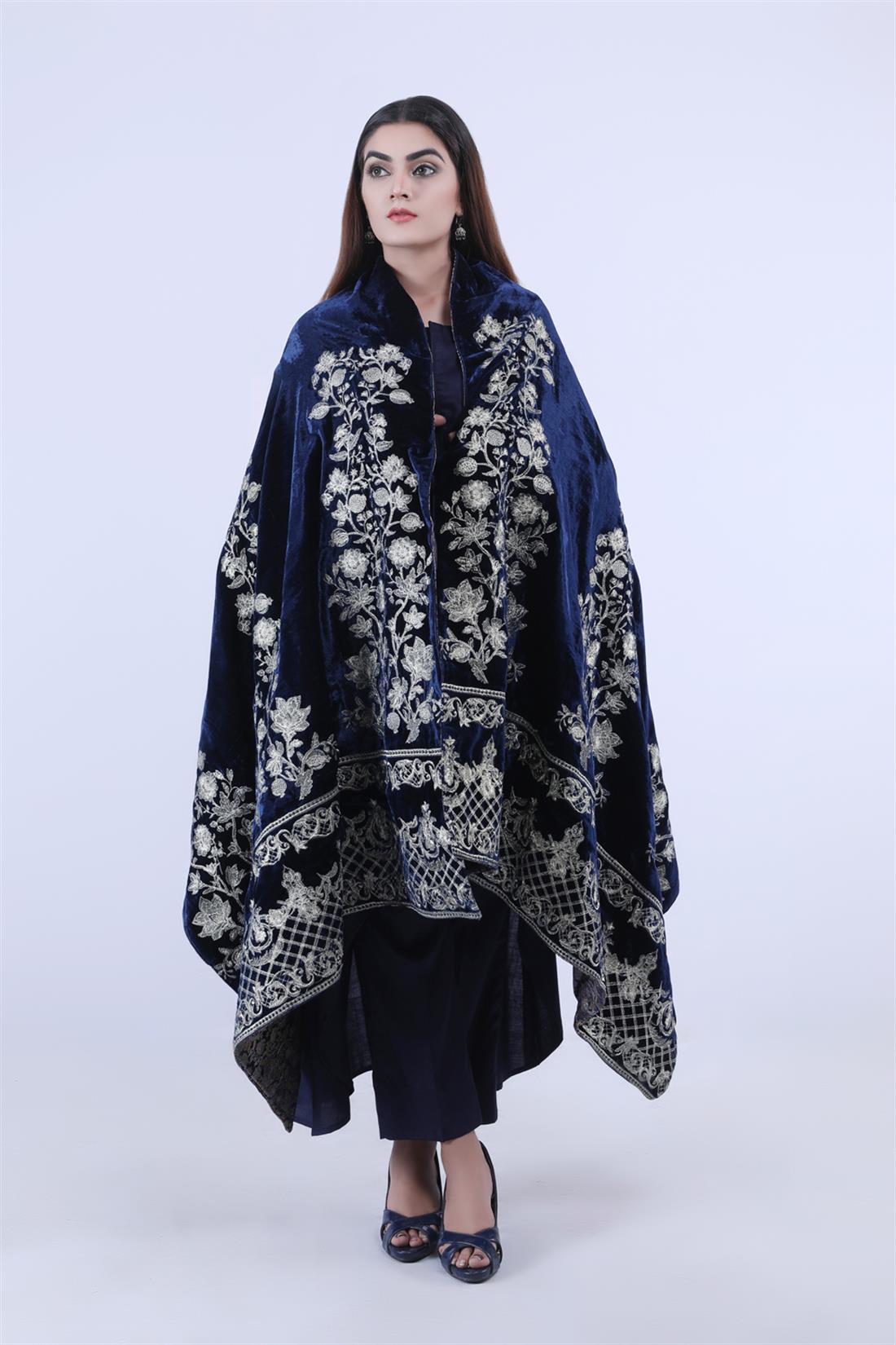 Navy Blue Embroidered Velvet Shawls and Scarves