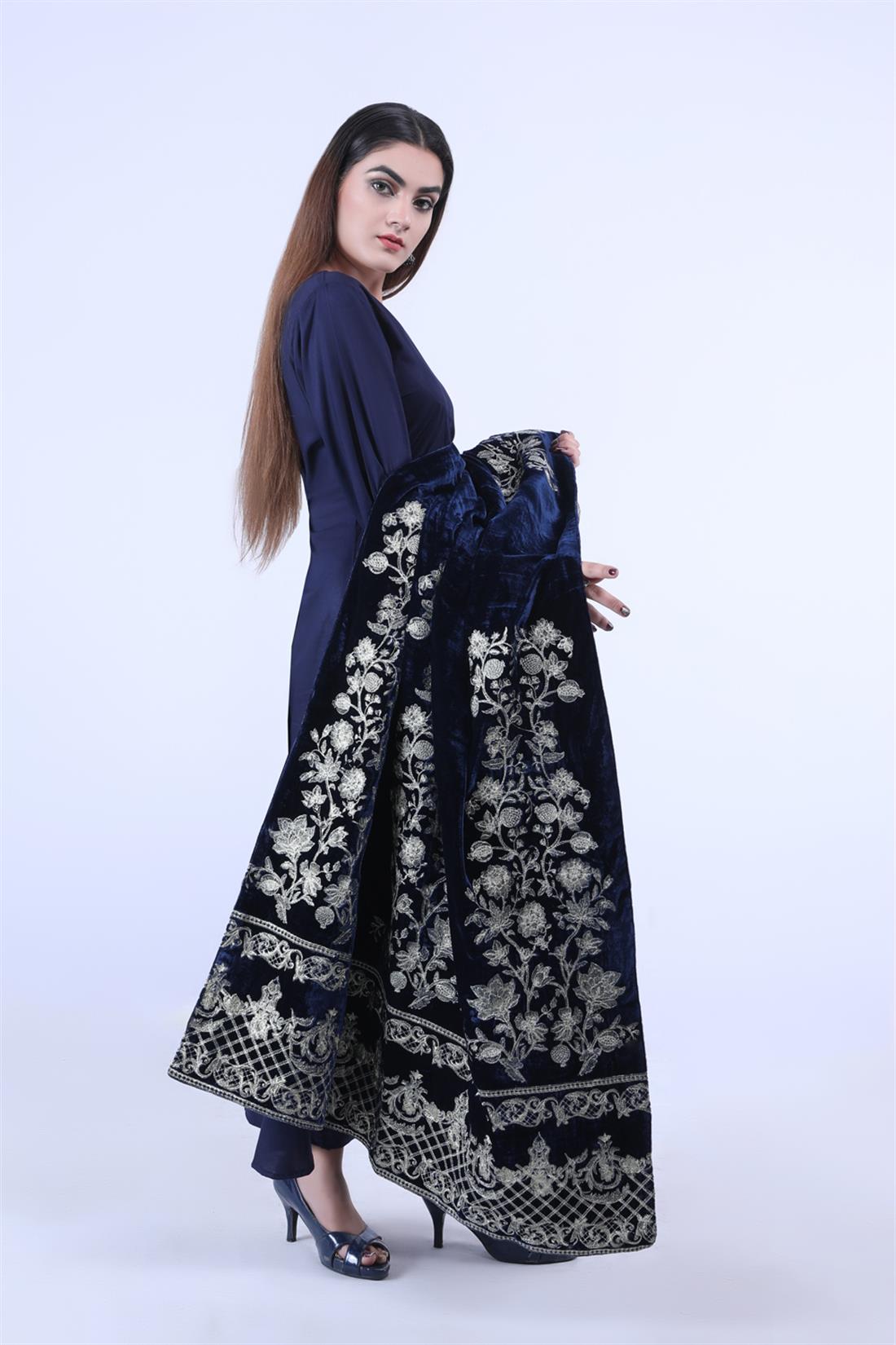 Navy Blue Embroidered Velvet Shawls and Scarves