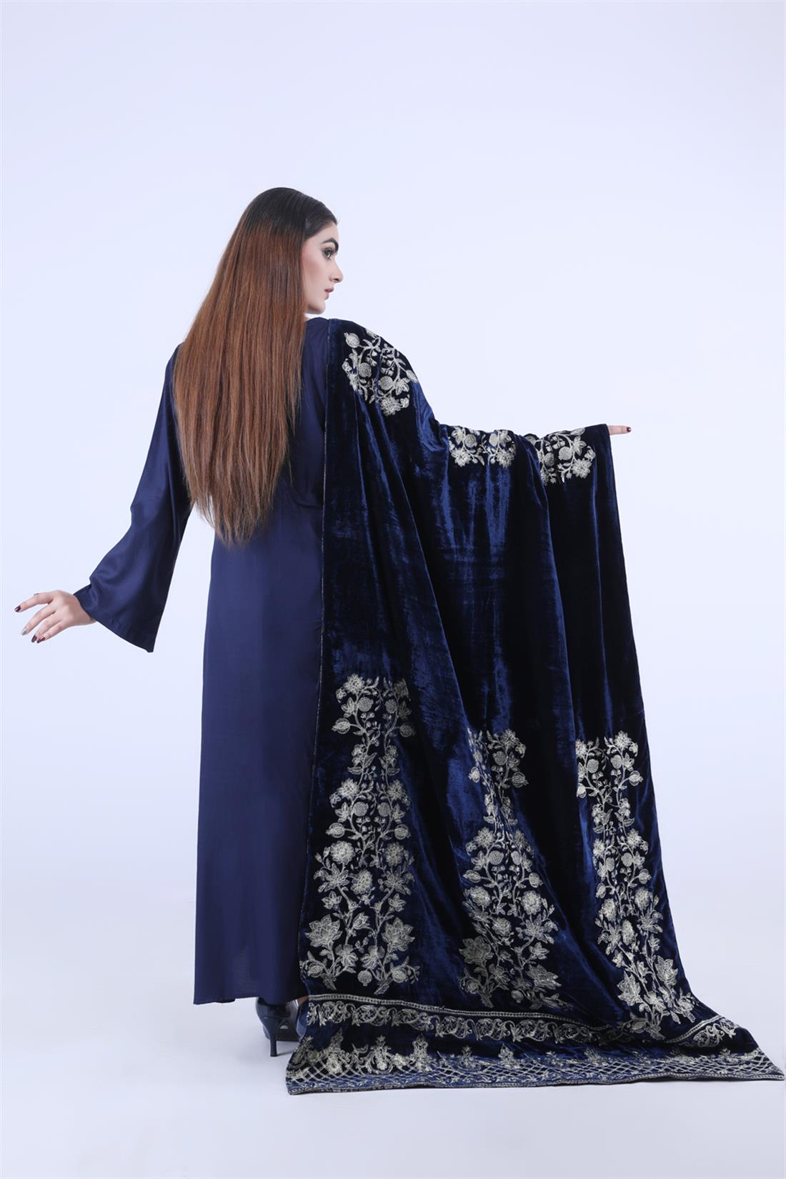 Navy Blue Embroidered Velvet Shawls and Scarves
