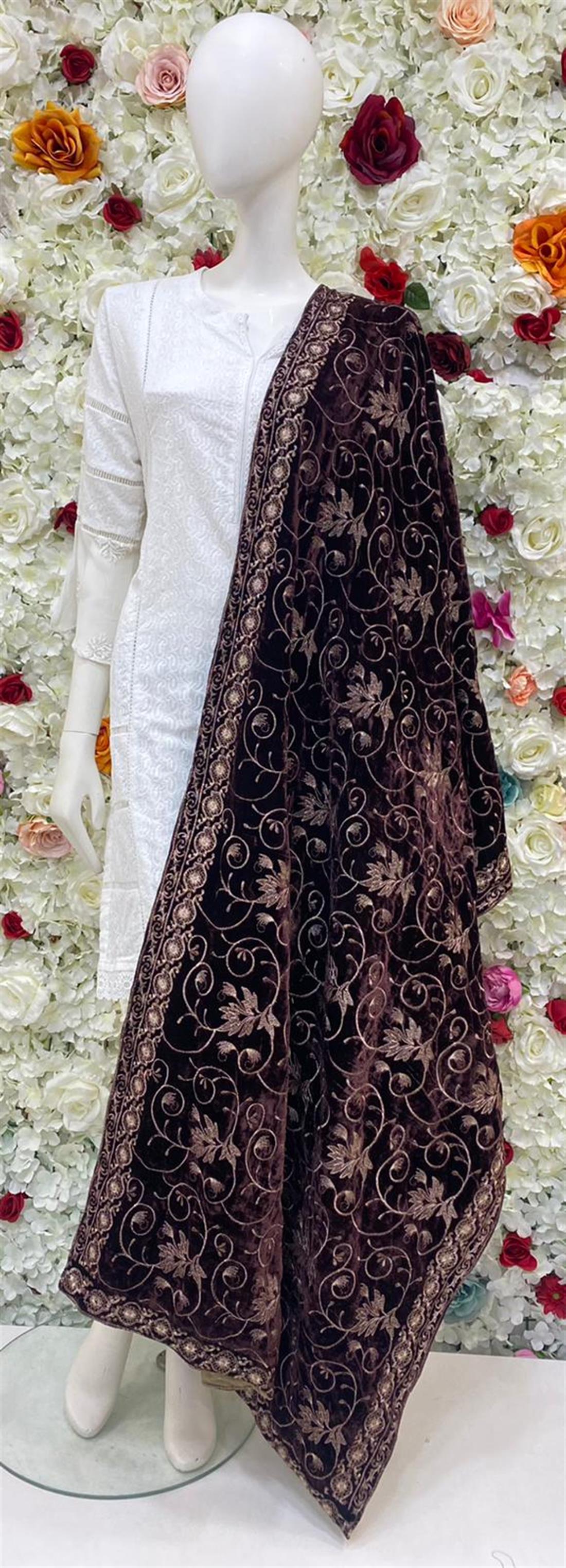 Chocolate Brown Embroidered Velvet Shawls and Scarves