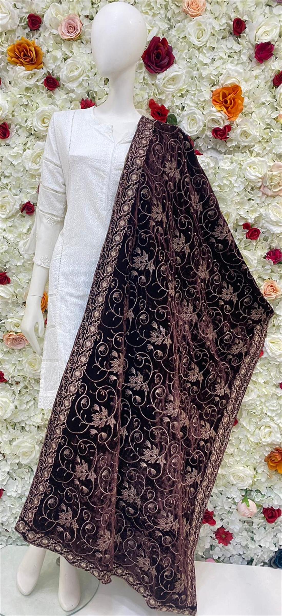 Chocolate Brown Embroidered Velvet Shawls and Scarves