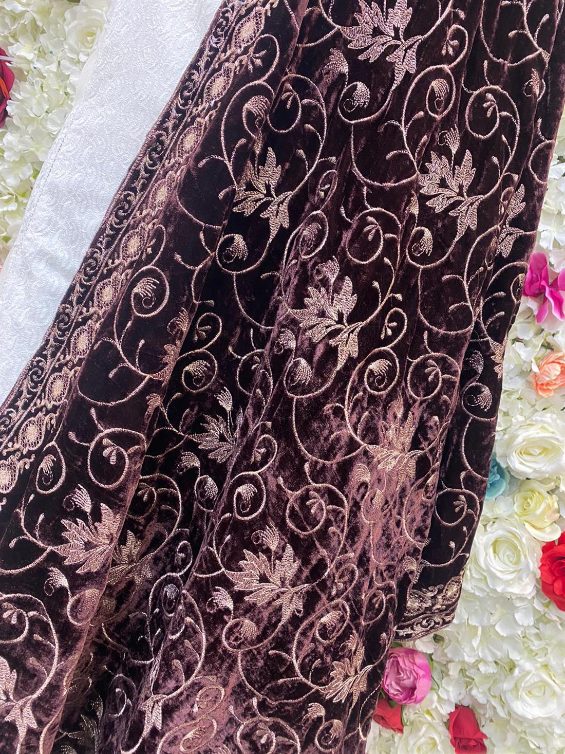 Chocolate Brown Embroidered Velvet Shawls and Scarves