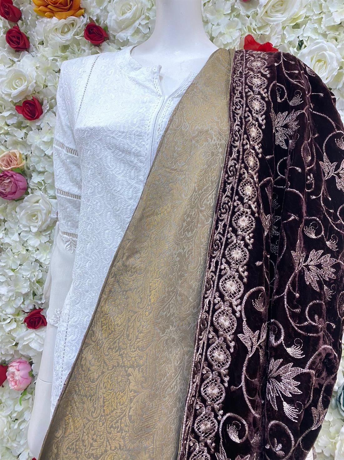 Chocolate Brown Embroidered Velvet Shawls and Scarves