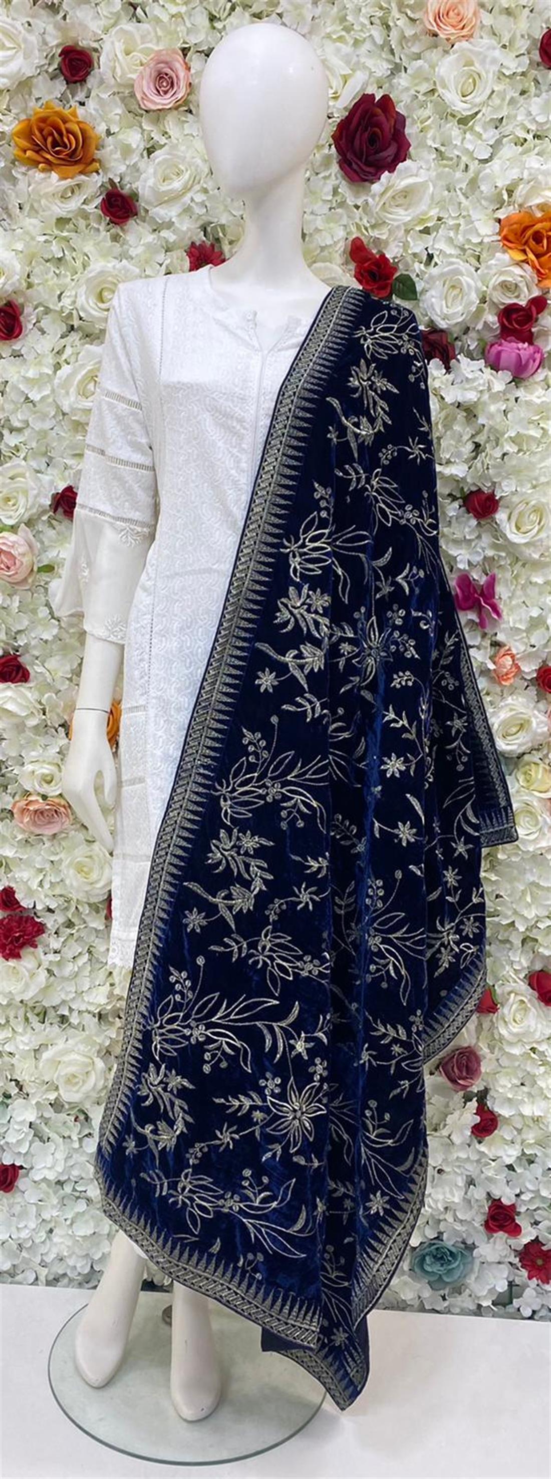 Navy Blue Embroidered Shawls and Scarves