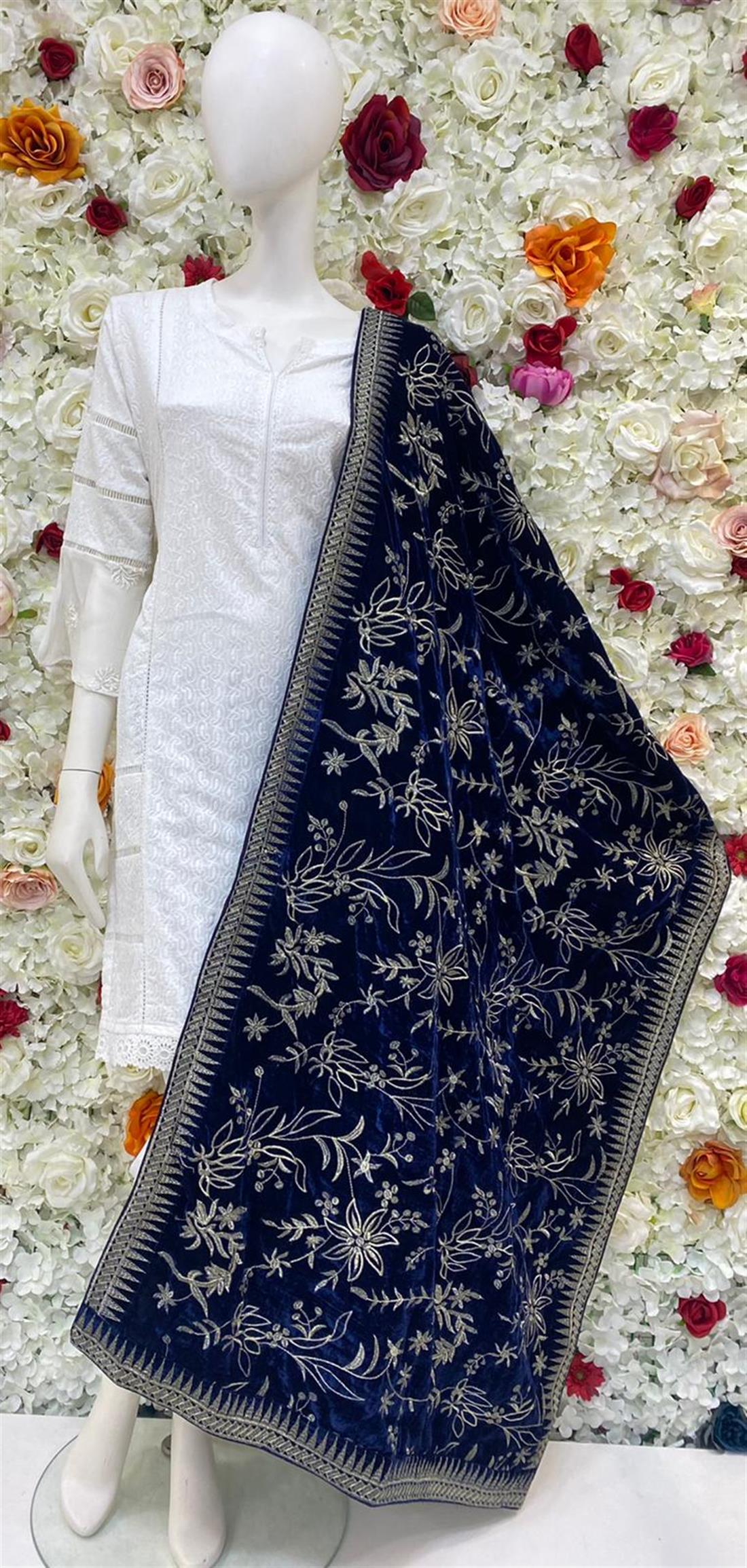 Navy Blue Embroidered Shawls and Scarves