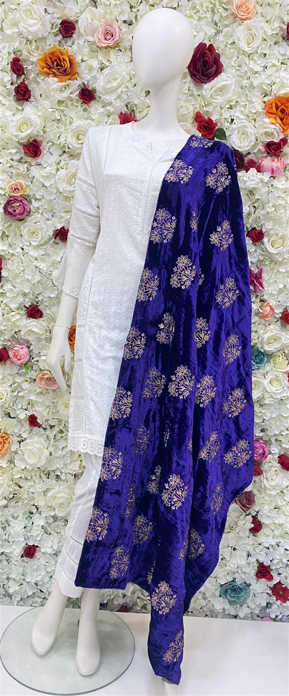 Purple Hint of Blue Embroidered Velvet Shawls and Scarves