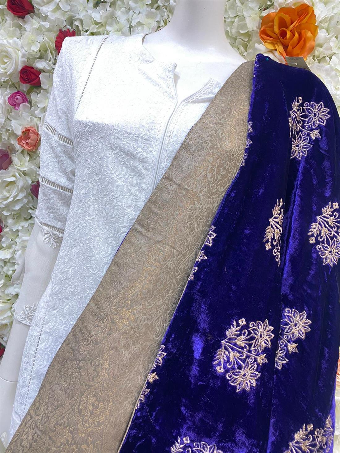 Purple Hint of Blue Embroidered Velvet Shawls and Scarves