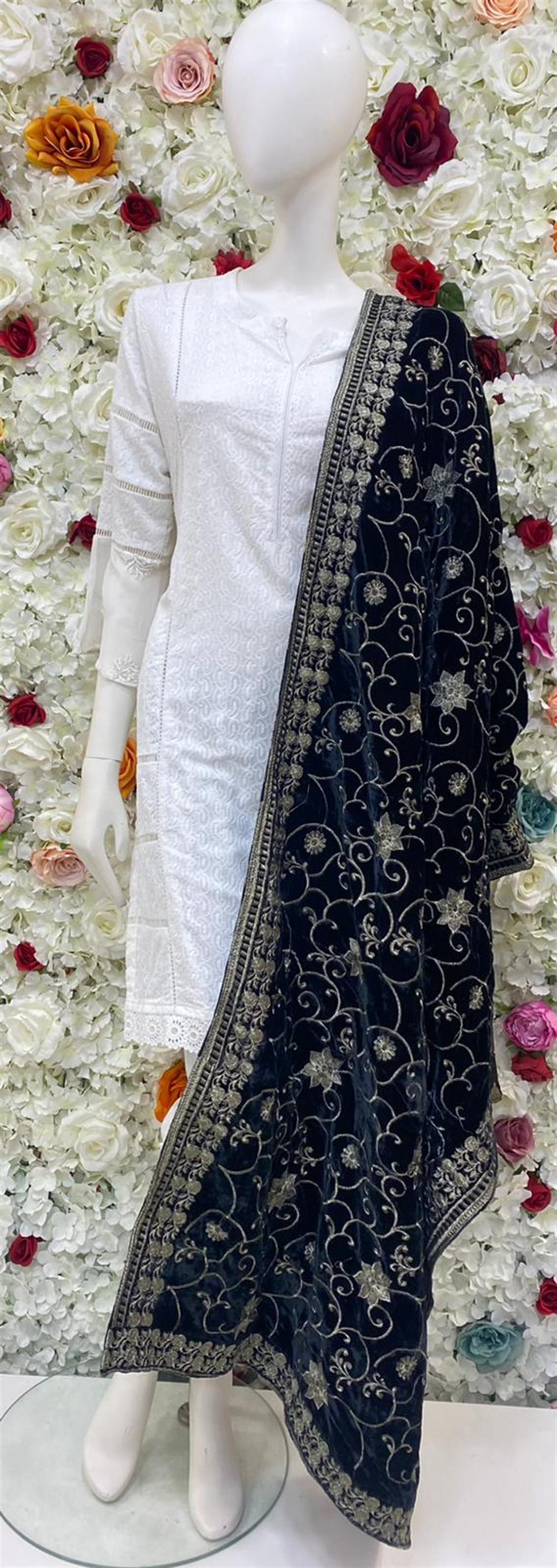 Black Embroidered Velvet Shawls and Scarves