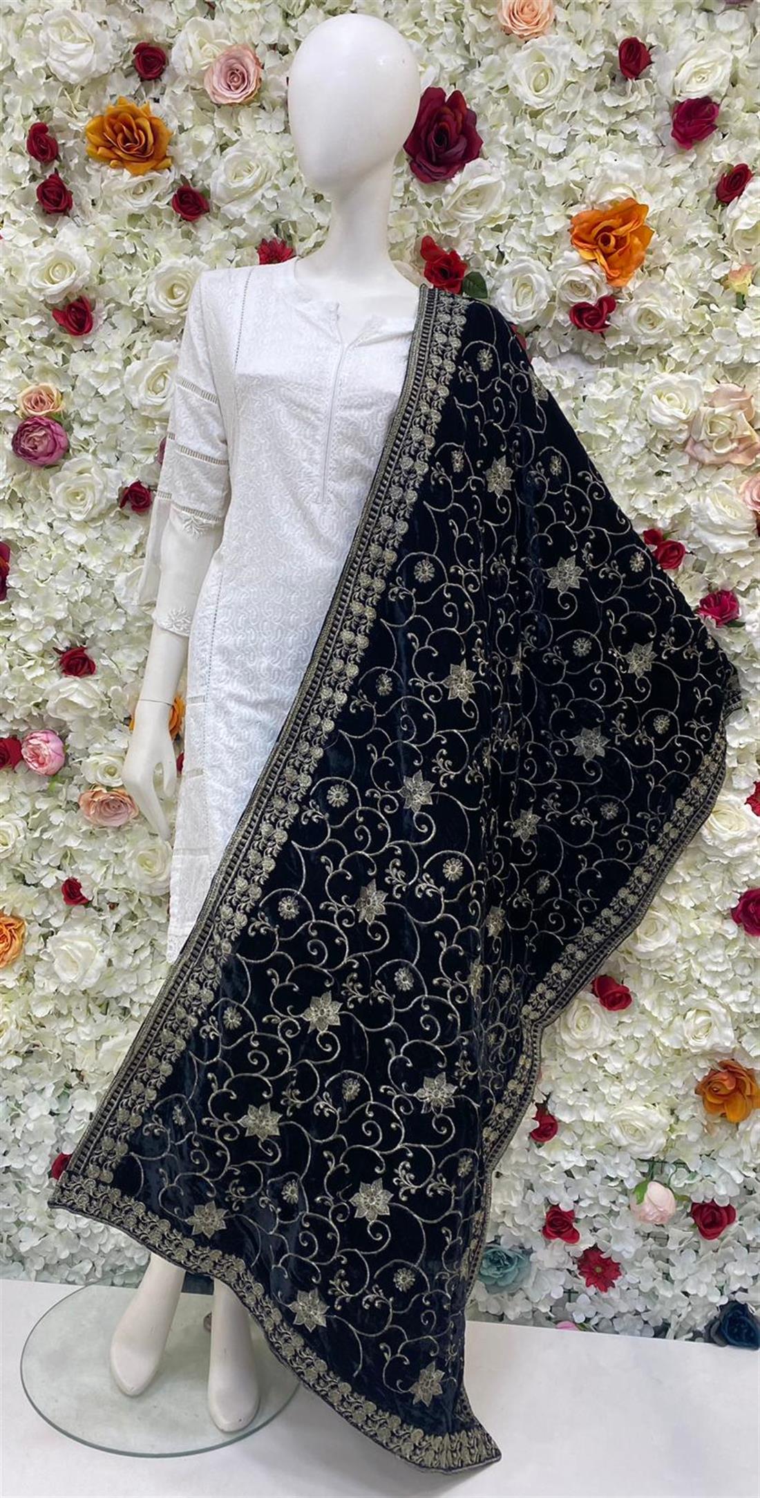 Black Embroidered Velvet Shawls and Scarves