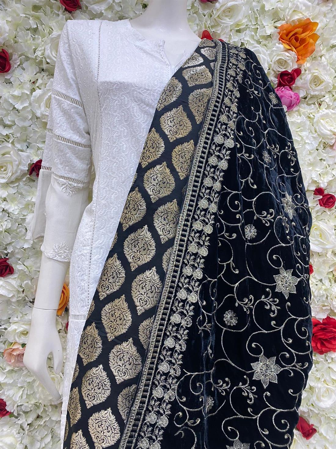 Black Embroidered Velvet Shawls and Scarves