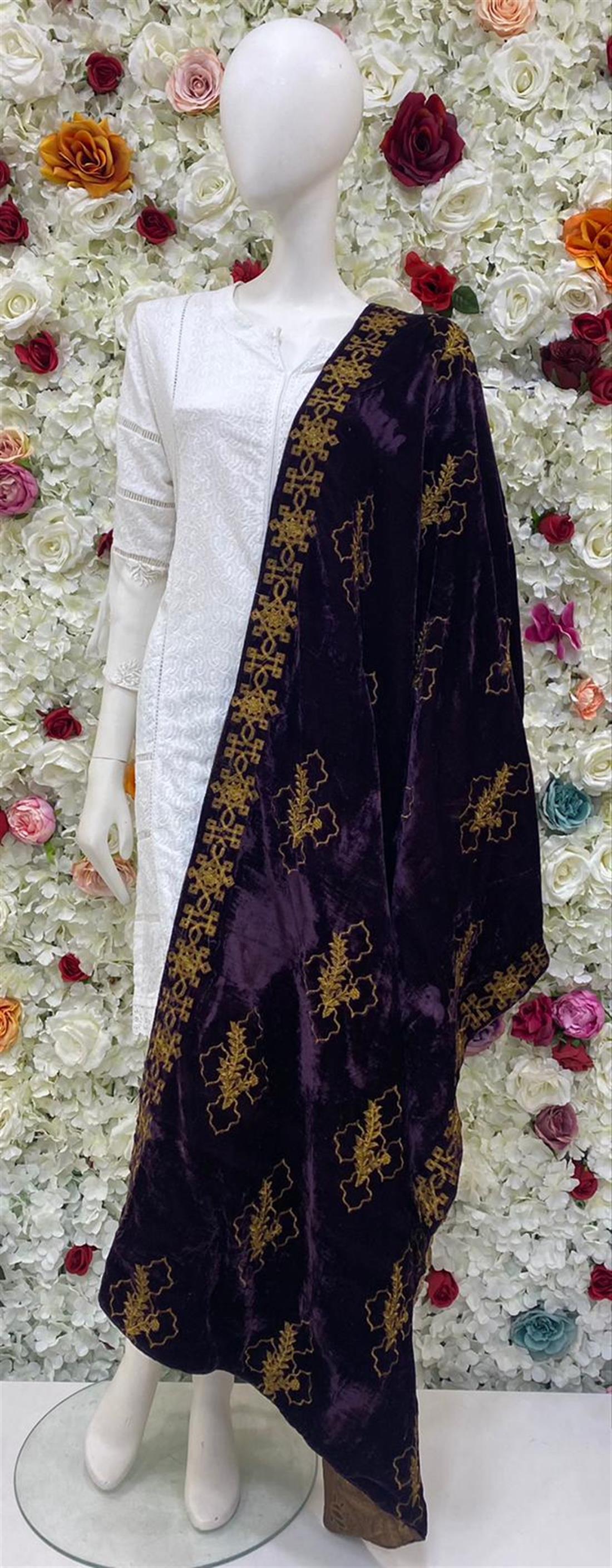 Plum Embroidered Velvet Shawls and Scarves