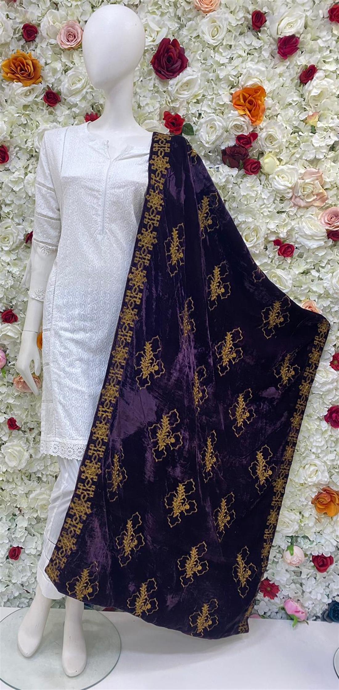 Plum Embroidered Velvet Shawls and Scarves