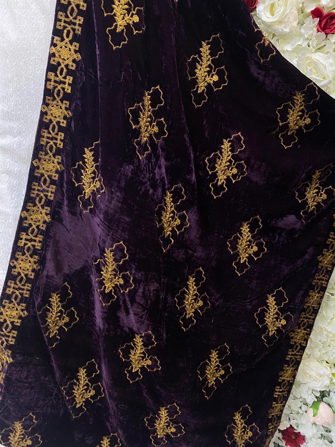 Plum Embroidered Velvet Shawls and Scarves