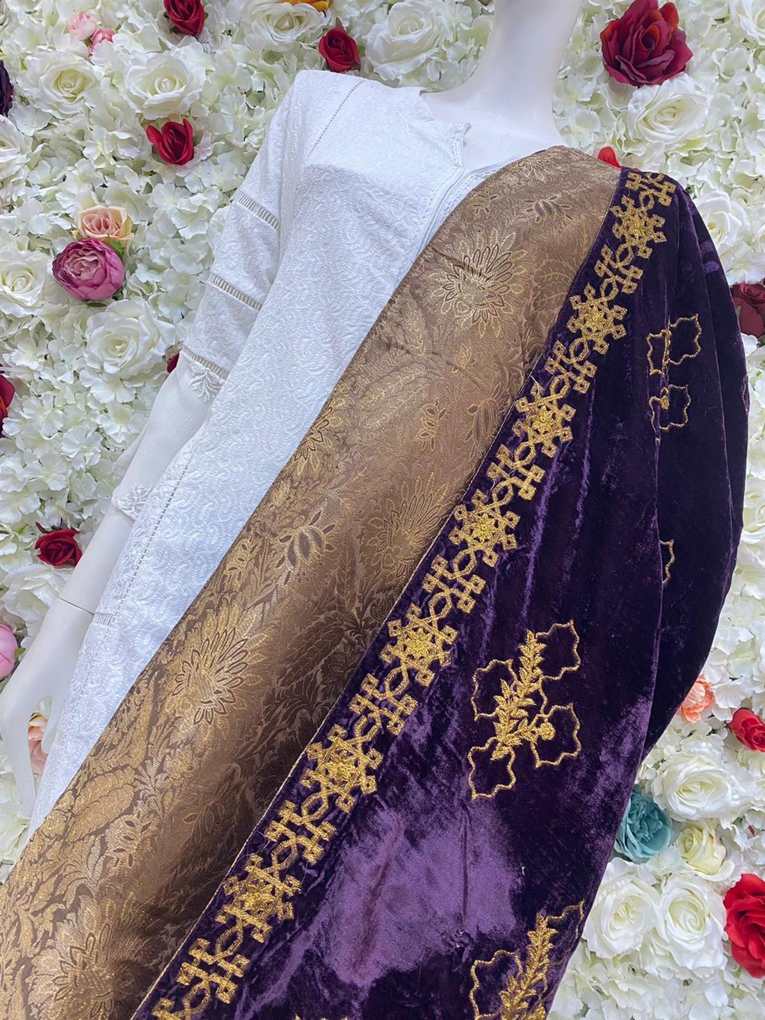 Plum Embroidered Velvet Shawls and Scarves