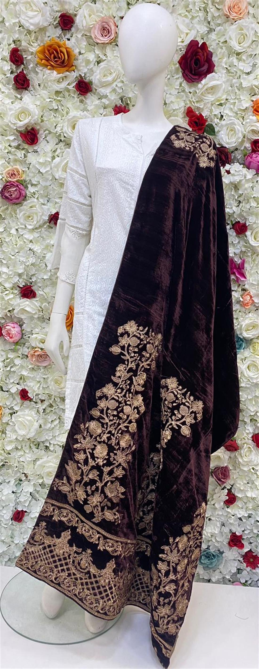Dark Brown Embroidered Velvet Shawls and Scarves
