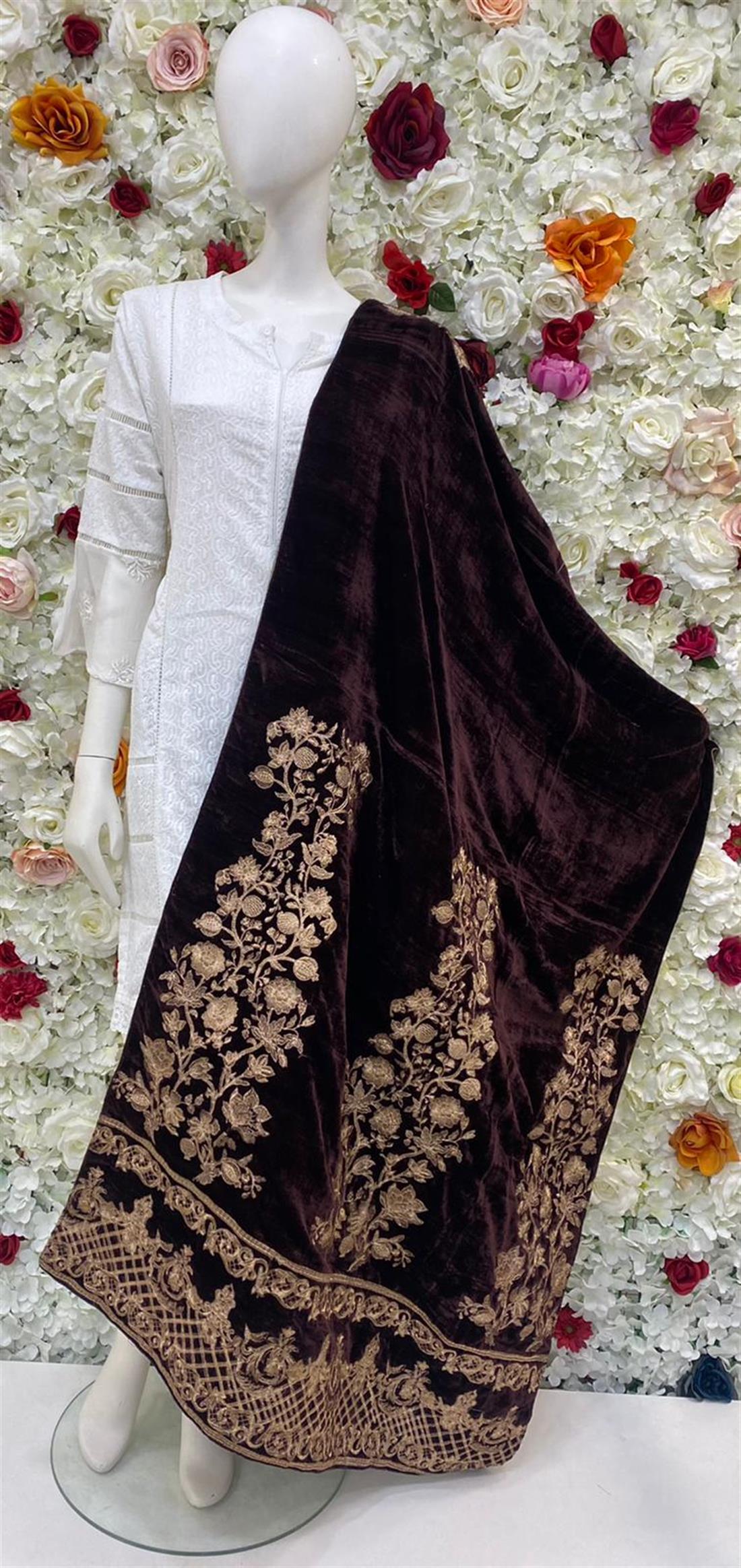 Dark Brown Embroidered Velvet Shawls and Scarves