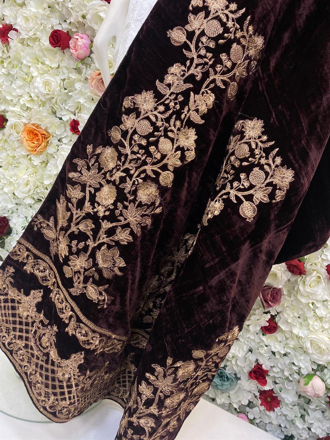 Dark Brown Embroidered Velvet Shawls and Scarves