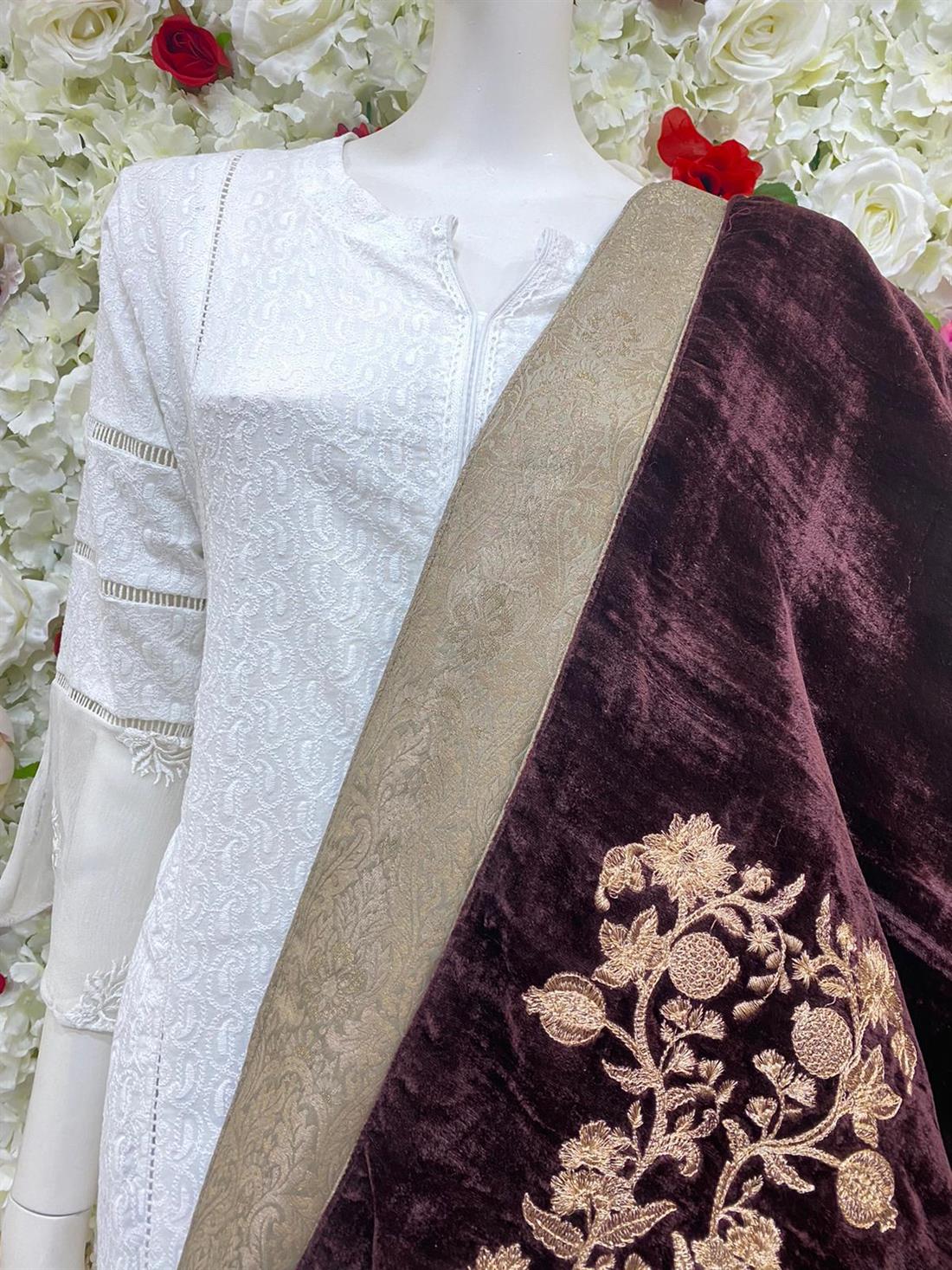 Dark Brown Embroidered Velvet Shawls and Scarves