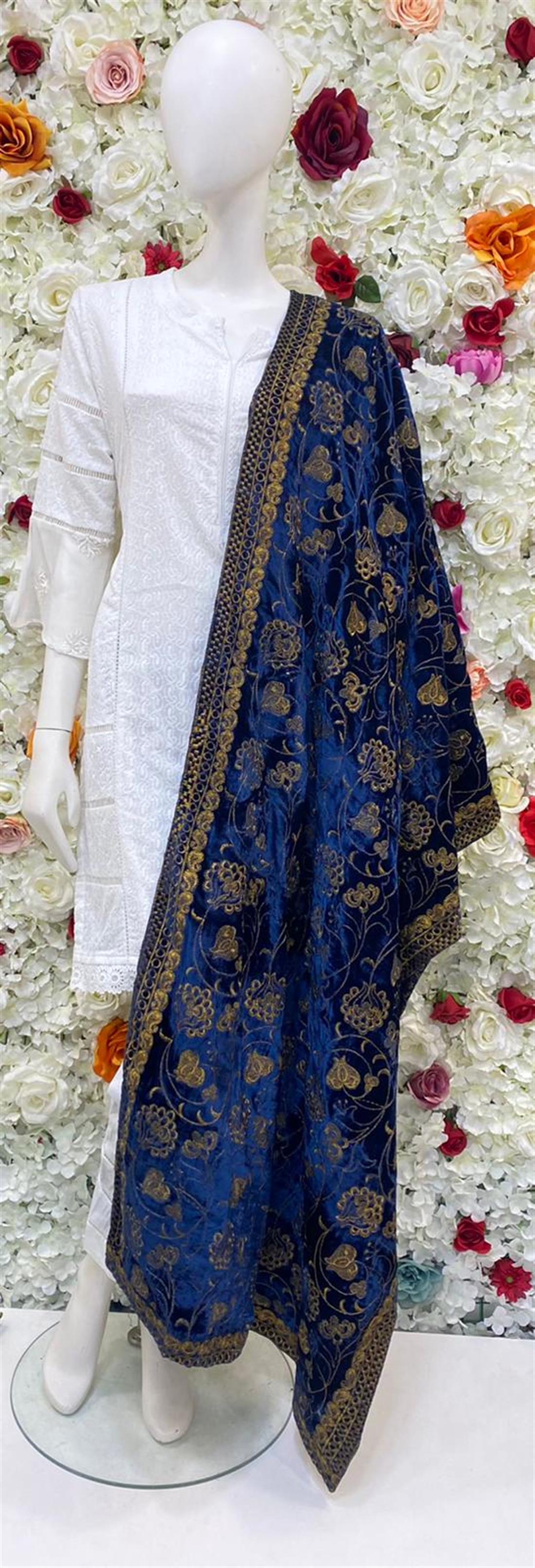 Navy Blue Embroidered Velvet Shawls and Scarves