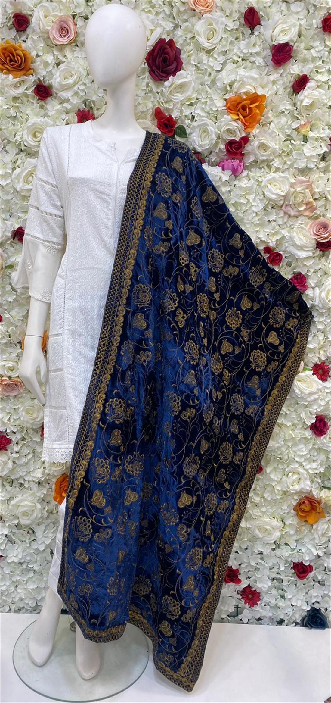 Navy Blue Embroidered Velvet Shawls and Scarves