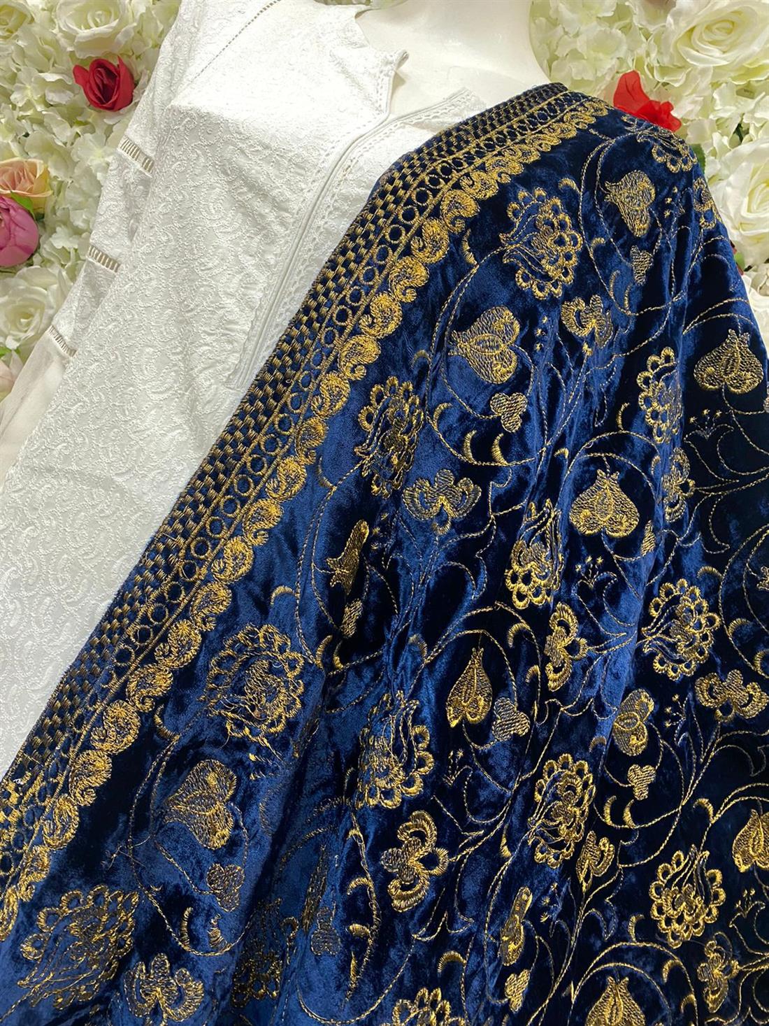 Navy Blue Embroidered Velvet Shawls and Scarves