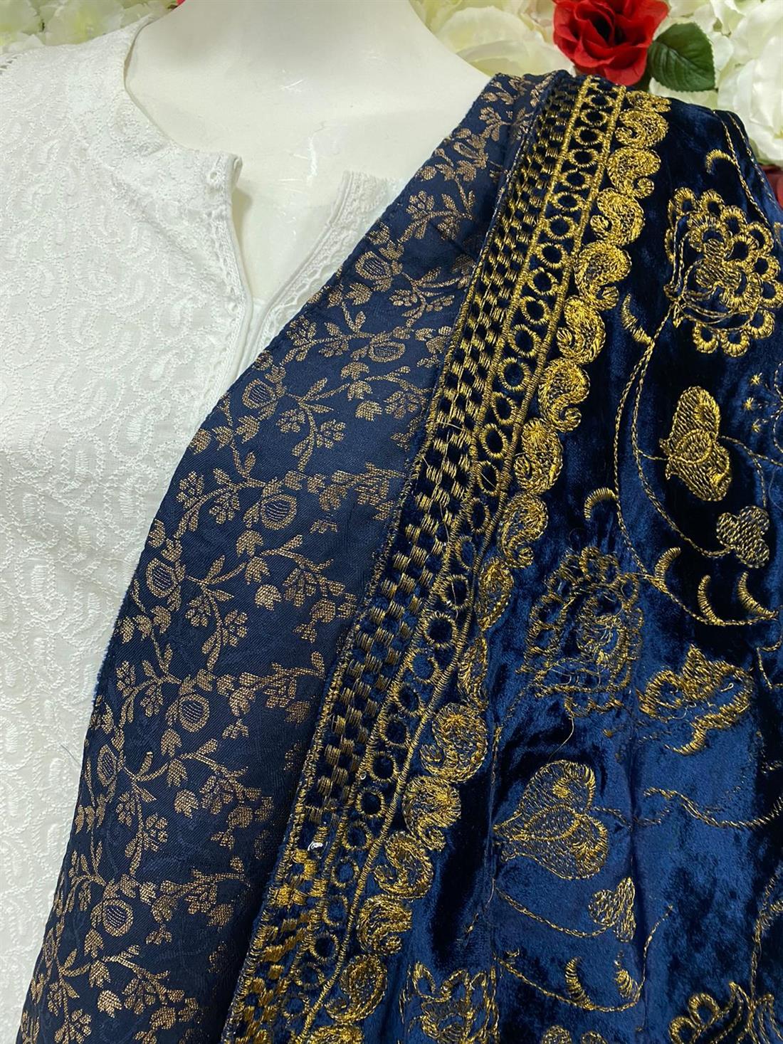 Navy Blue Embroidered Velvet Shawls and Scarves