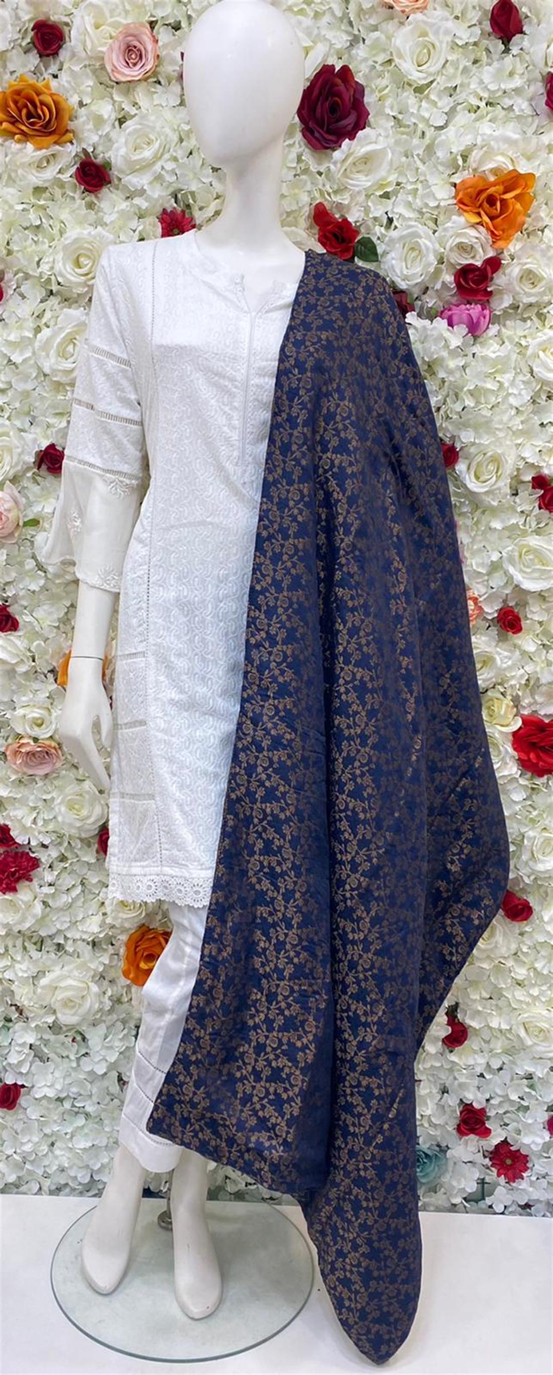 Navy Blue Embroidered Velvet Shawls and Scarves