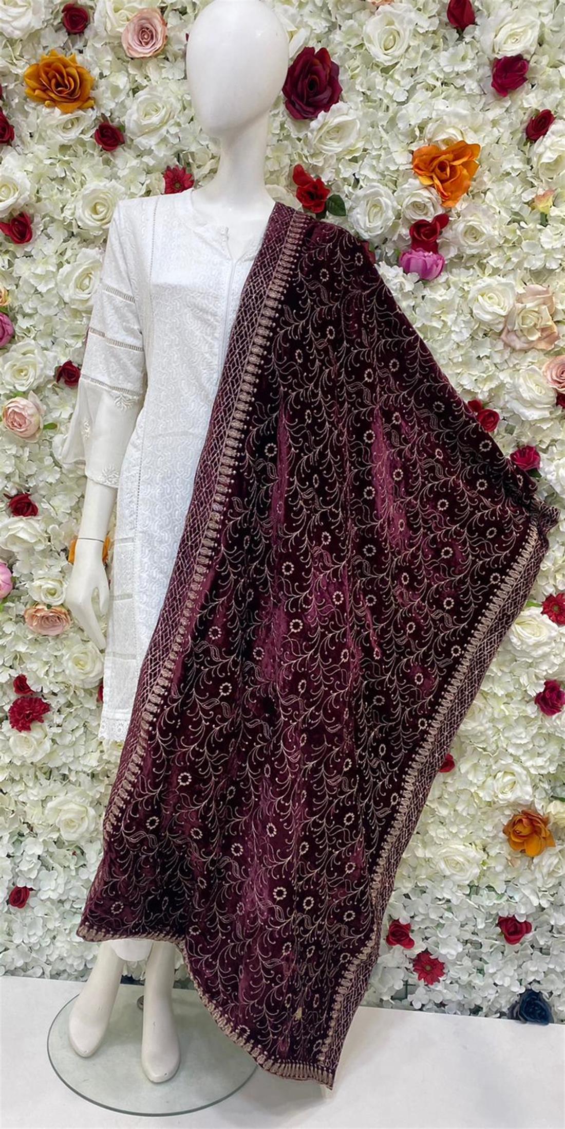 Maroon Embroidered Velvet Shawls and Scarves