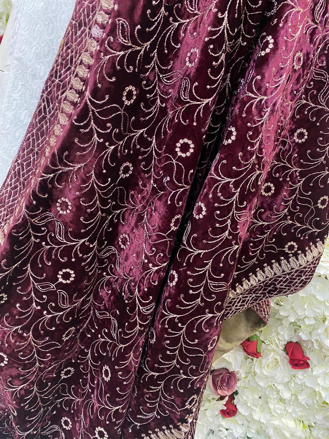 Maroon Embroidered Velvet Shawls and Scarves
