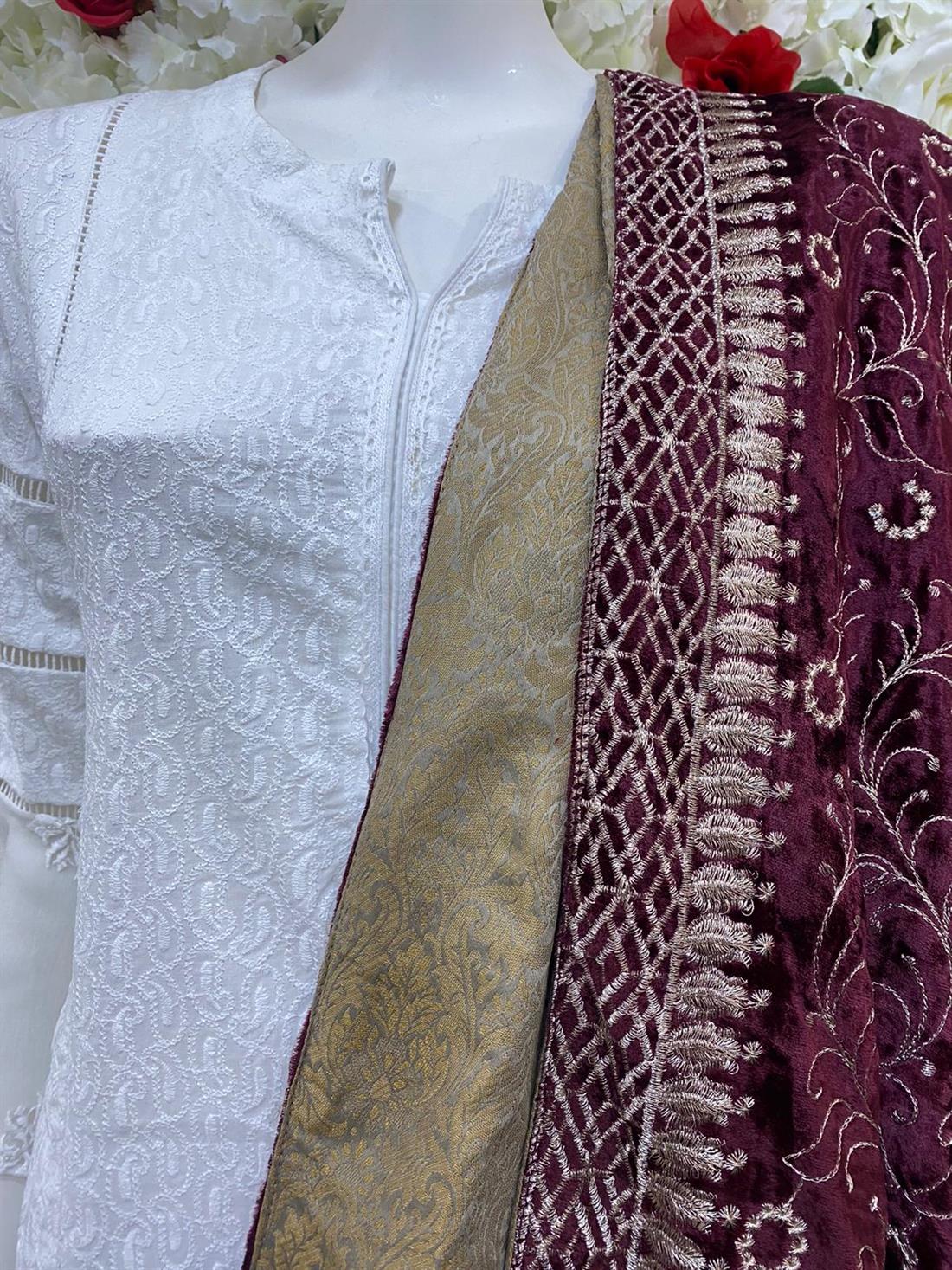 Maroon Embroidered Velvet Shawls and Scarves
